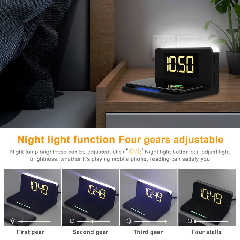 Fast Wireless Charger 3 In 1 Multi-function Alarm Clock/ Night Light Mobile Phone