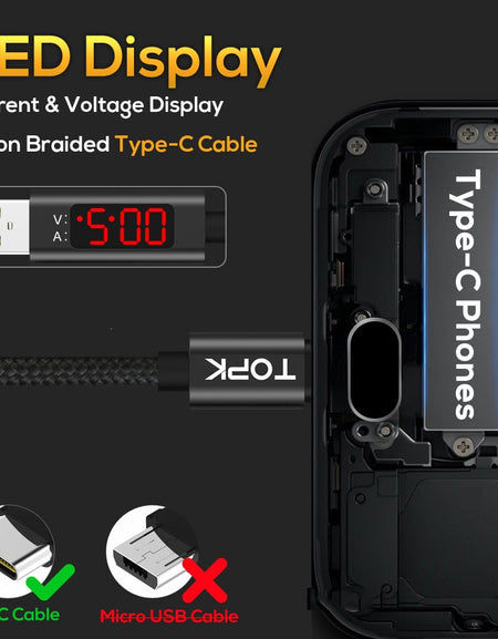 USB Type-C Cable Fast Charging Voltage and Current Display Data Sync Cable