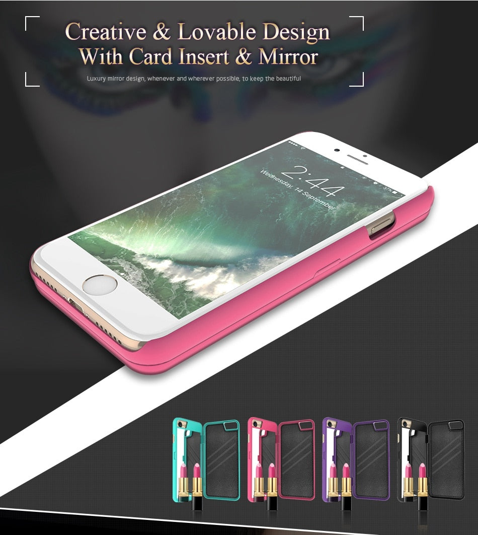 Water Patterned Flip Case with Card Slot Wallet Make Up Mirror Back Cover For iPhone 6 6S 7 8 Plus
