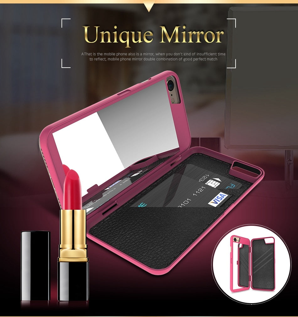 Water Patterned Flip Case with Card Slot Wallet Make Up Mirror Back Cover For iPhone 6 6S 7 8 Plus