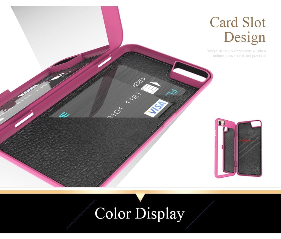 Water Patterned Flip Case with Card Slot Wallet Make Up Mirror Back Cover For iPhone 6 6S 7 8 Plus