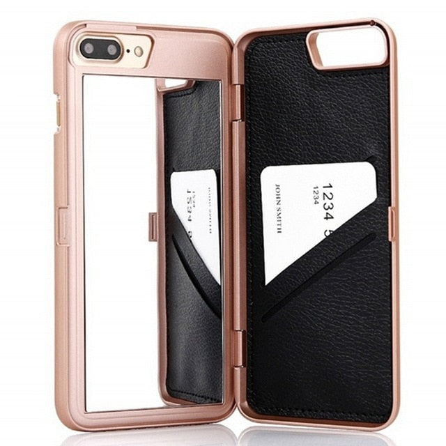 Water Patterned Flip Case with Card Slot Wallet Make Up Mirror Back Cover For iPhone 6 6S 7 8 Plus
