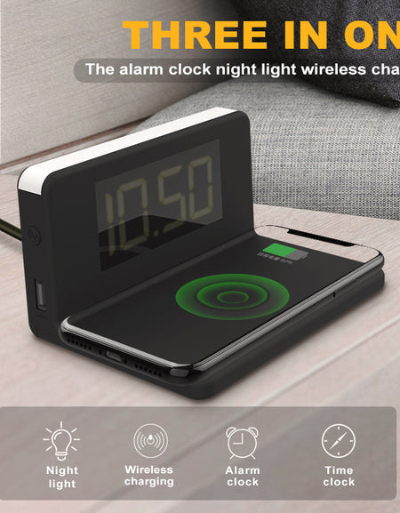 Fast Wireless Charger 3 In 1 Multi-function Alarm Clock/ Night Light Mobile Phone
