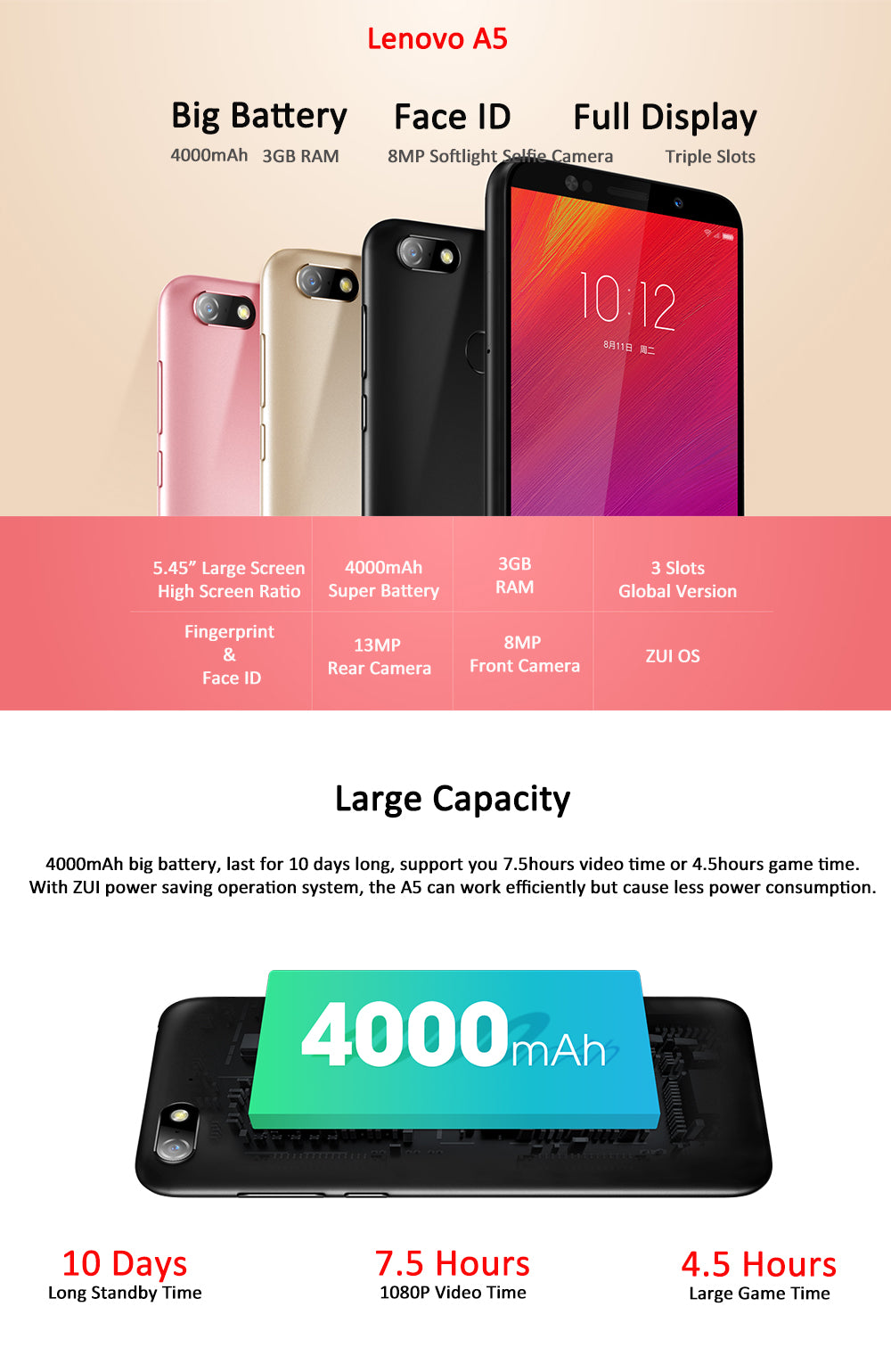 Lenovo A5 Smartphone MTK6739 Quad Core 3GB RAM 16GB ROM